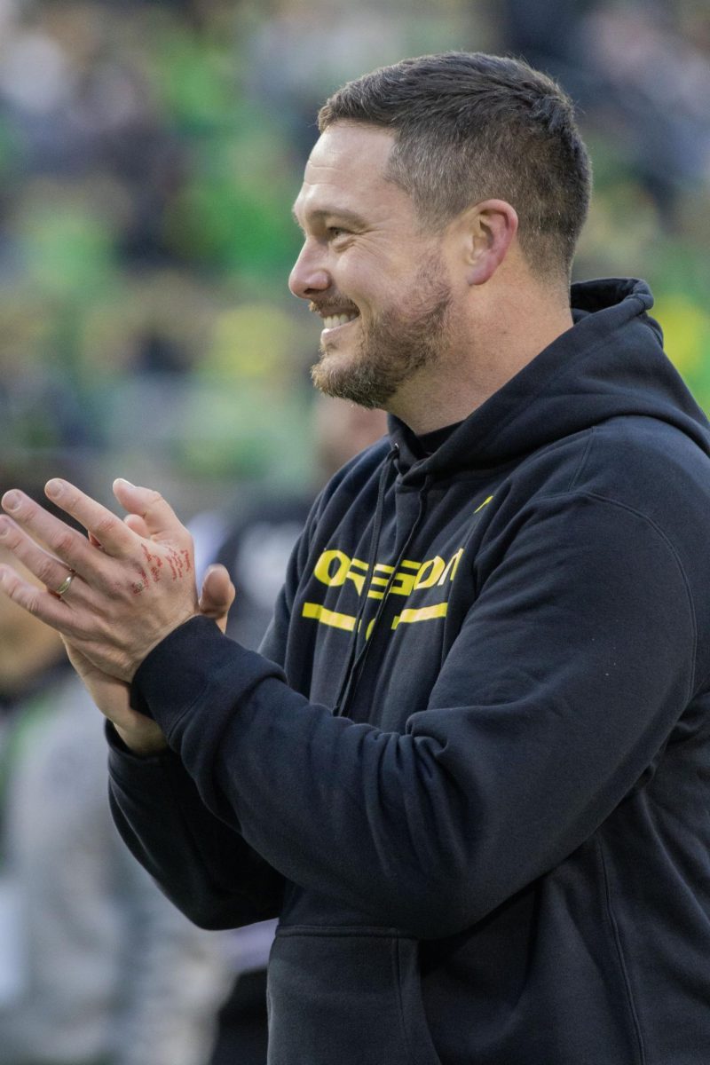 Dan Lanning, head coach of the Oregon Ducks. No. 1 Oregon defeats Washington 49-21 for an undefeated regular season at Autzen Stadium on Nov. 30, 2024. (Alyssa Garcia/Emerald) 

