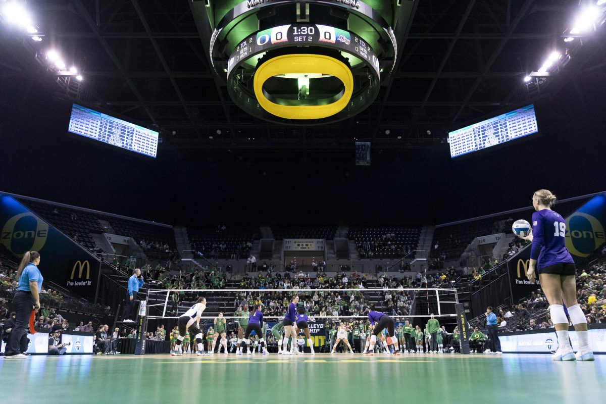The Oregon Ducks defeated the High Point University Panthers in three sets in the first round of the NCAA Division I volleyball tournament at Matthew Knight Arena on Dec. 5, 2024. (Alex Hernandez/Emerald)