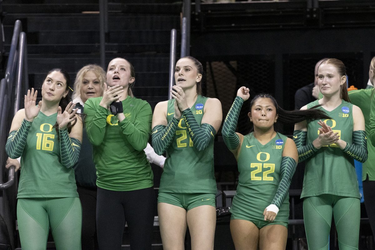 The Oregon Ducks defeated the High Point University Panthers in three sets in the first round of the NCAA Division I volleyball tournament at Matthew Knight Arena on Dec. 5, 2024. (Alex Hernandez/Emerald)