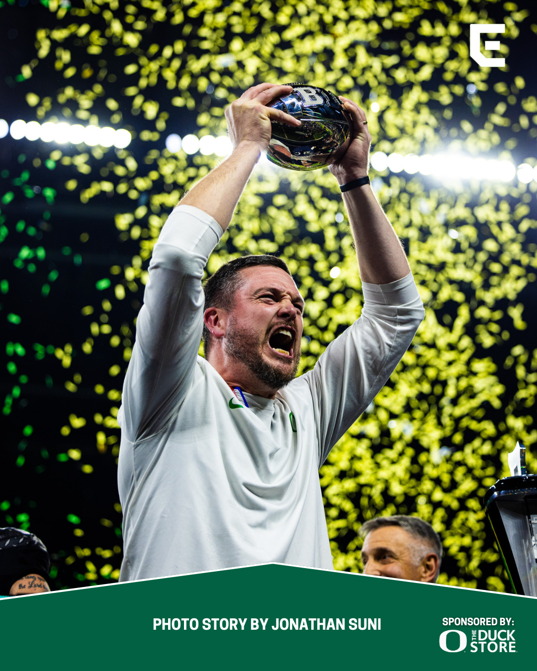 Head coach Dan Lanning celebrates his first conference championship as the Oregon head coach. The number 1 ranked Oregon Ducks take on the number 4 Penn State Nittany Lions on Dec. 7, 2024, at Lucas Oil Stadium in Indianapolis, IN. (Jonathan Suni/Emerald)
