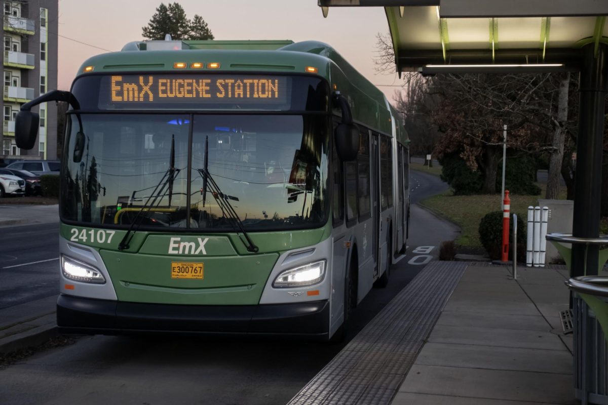 EMX bus arrives at the Walnut Station in Eugene, Ore. (Alyssa Garcia/Emerald)  
