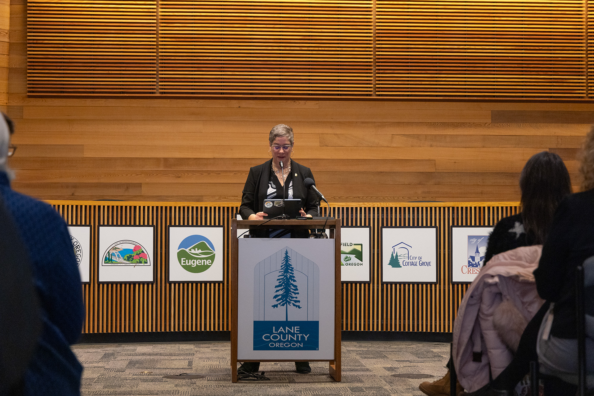 Lane County Commissioner, Laurie Trieger, delivers her speech. (Miles Cull/Emerald)