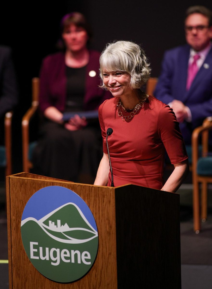 Mayor Kaarin Kundson introduces the Bold Steps Reflection Video at the Hult Center in Eugene. Jan. 13 2025 (Eddie Bruning/Emerald)