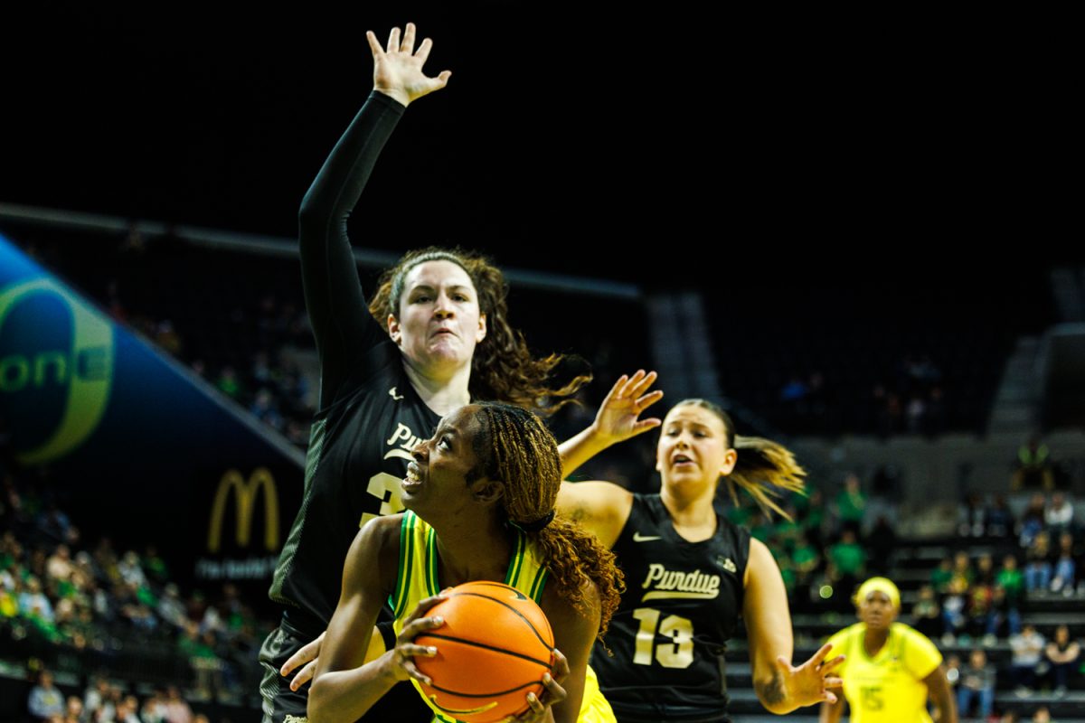 Sofia Bell (3) goes for the layup The Oregon Ducks Womens basketball team takes on the Purdue Boilermakers on Jan. 15, 2025 in MATT Knight Arena in Eugene, Ore. (Darby Winter/Emerald)