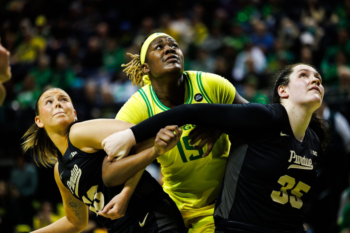 Phillipina Kyei (15) boxes out for the rebound The Oregon Ducks Womens basketball team takes on the Purdue Boilermakers on Jan. 15, 2025 in MATT Knight Arena in Eugene, Ore. (Darby Winter/Emerald)