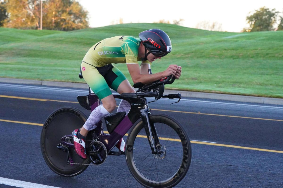 UO triathlete Liam Bielat was first a cyclist before he started to train and compete as a triathlete. He said he grew up in a house that was big on biking, with his father having completed two Ironmans. 