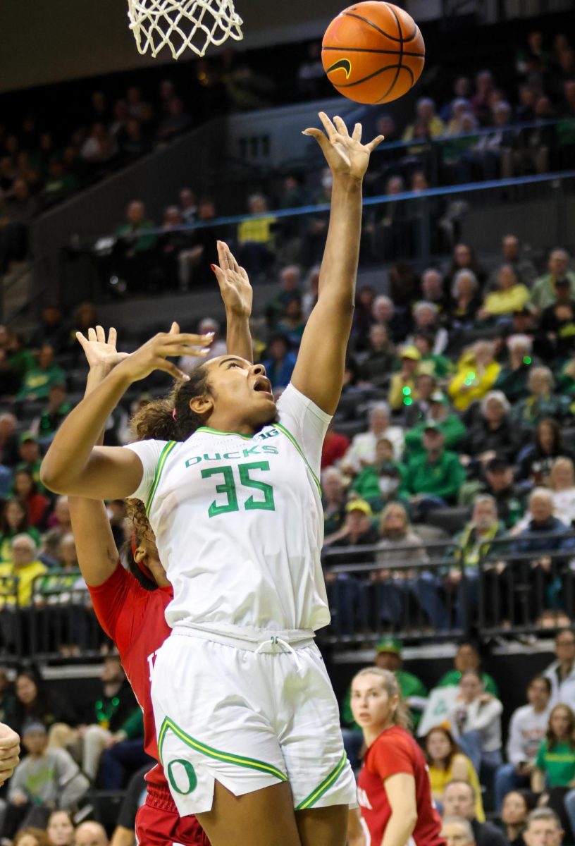 The Oregon Ducks host the Indiana Hoosiers at Matthew Knight Arena and improve to 13-1 at home in Eugene, Ore., on Jan. 24, 2025. (Julia Massa/Emerald)