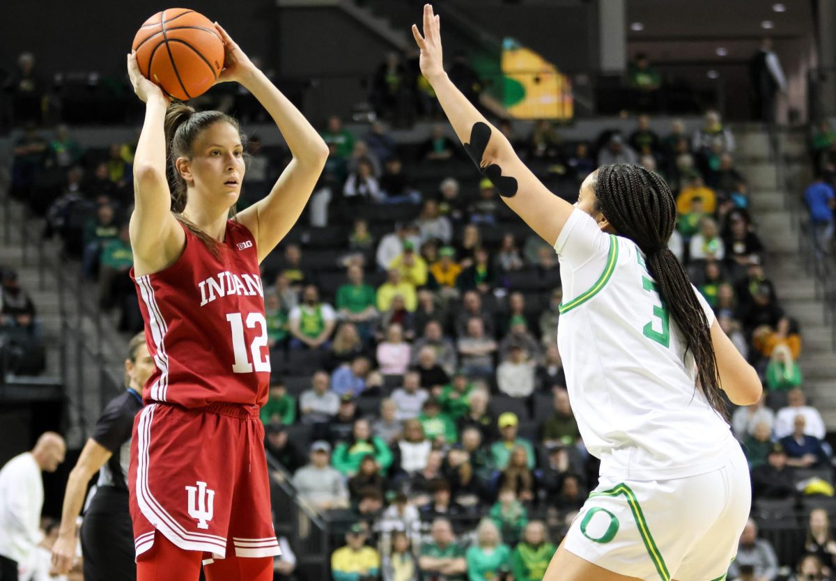 The Oregon Ducks host the Indiana Hoosiers at Matthew Knight Arena and improve to 13-1 at home in Eugene, Ore., on Jan. 24, 2025. (Julia Massa/Emerald)