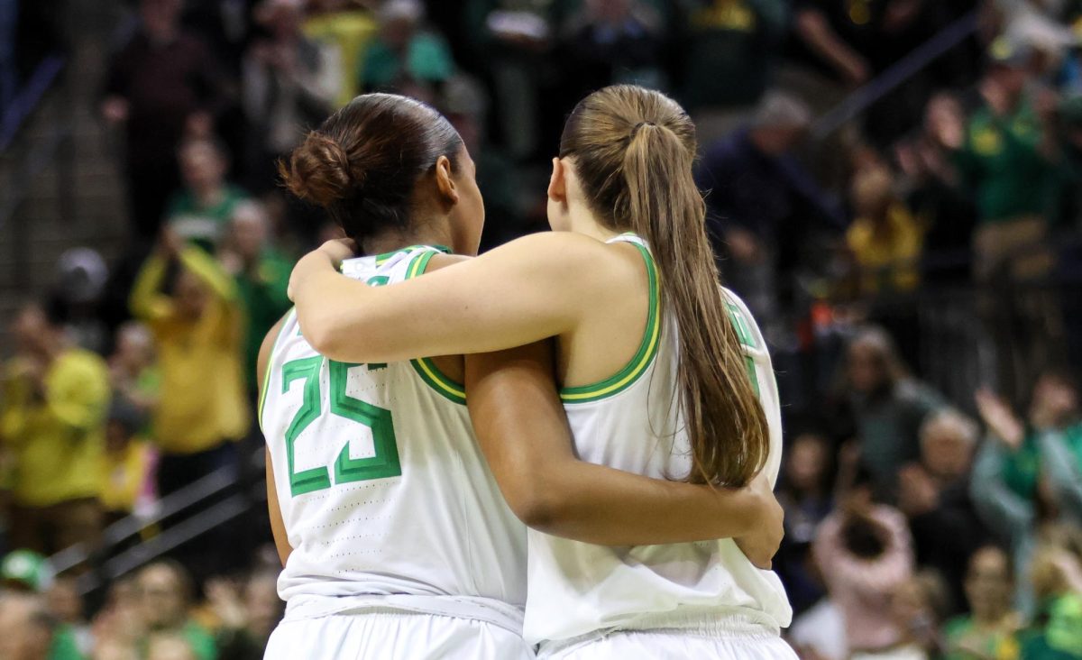 The Oregon Ducks host the Indiana Hoosiers at Matthew Knight Arena and improve to 13-1 at home in Eugene, Ore., on Jan. 24, 2025. (Julia Massa/Emerald)