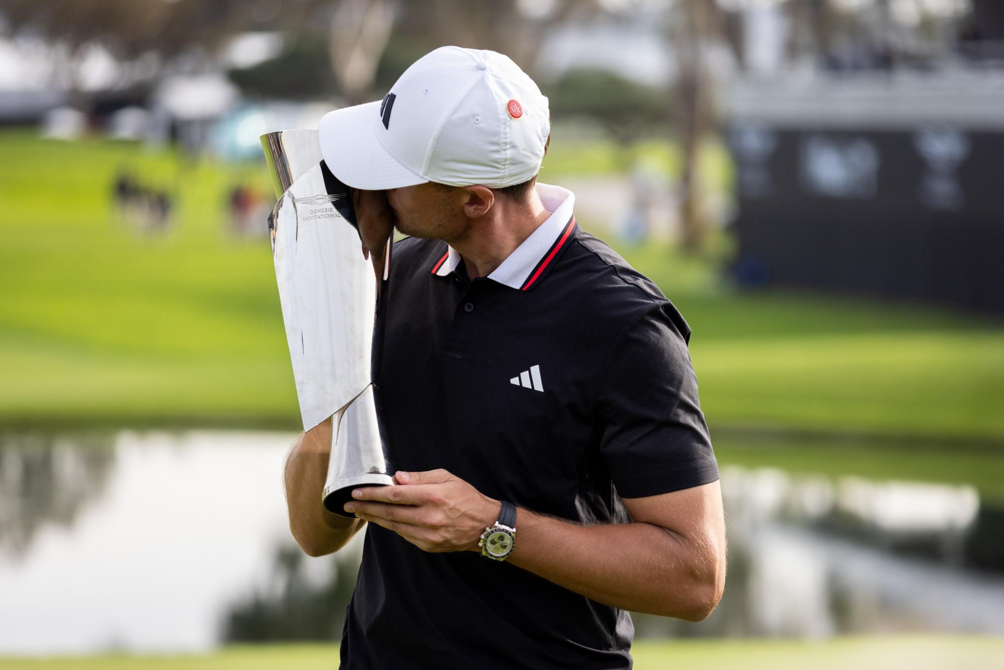 Ludvig Aberg celebrates his win as he continues his strong start to his PGA career. The four day Genesis Invitational is held in San Diego, CA, from Feb. 13 to Feb. 16, 2025. (Jonathan Suni/Emerald)