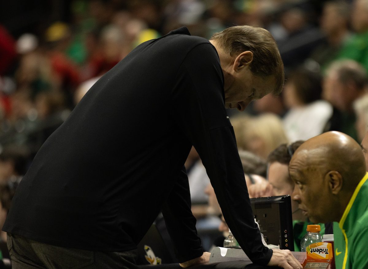 With the Ducks down 9 points and 30 seconds remaining, head coach, Dana Altman, takes a breather.The University of Nebraska–Lincoln Cornhuskers defeated the University of Oregon Ducks 77-71. Now 16-6 in the season, the Ducks will go on to face Michigan Wolverines on February, 5. (Miles Cull/Emerald)