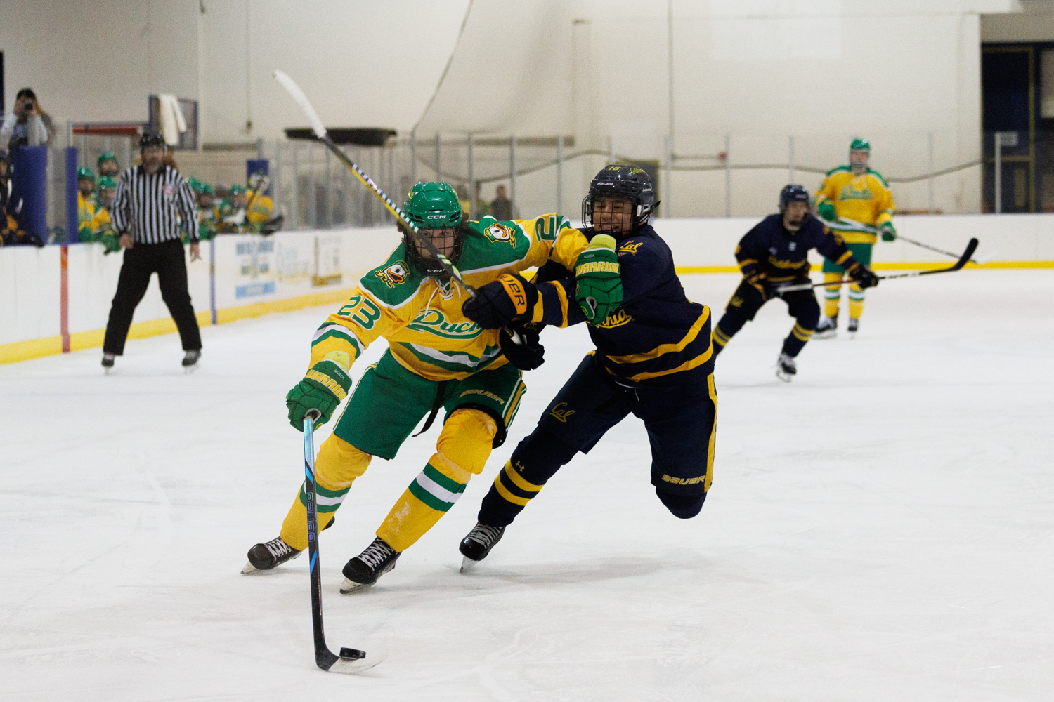 Noah Easterson (23) fights off the cal defender The Oregon Ducks take on the Cal Bears on Febuary 1st at the Rink exchange in Eugene, Ore. (Darby Winter/Emerald)