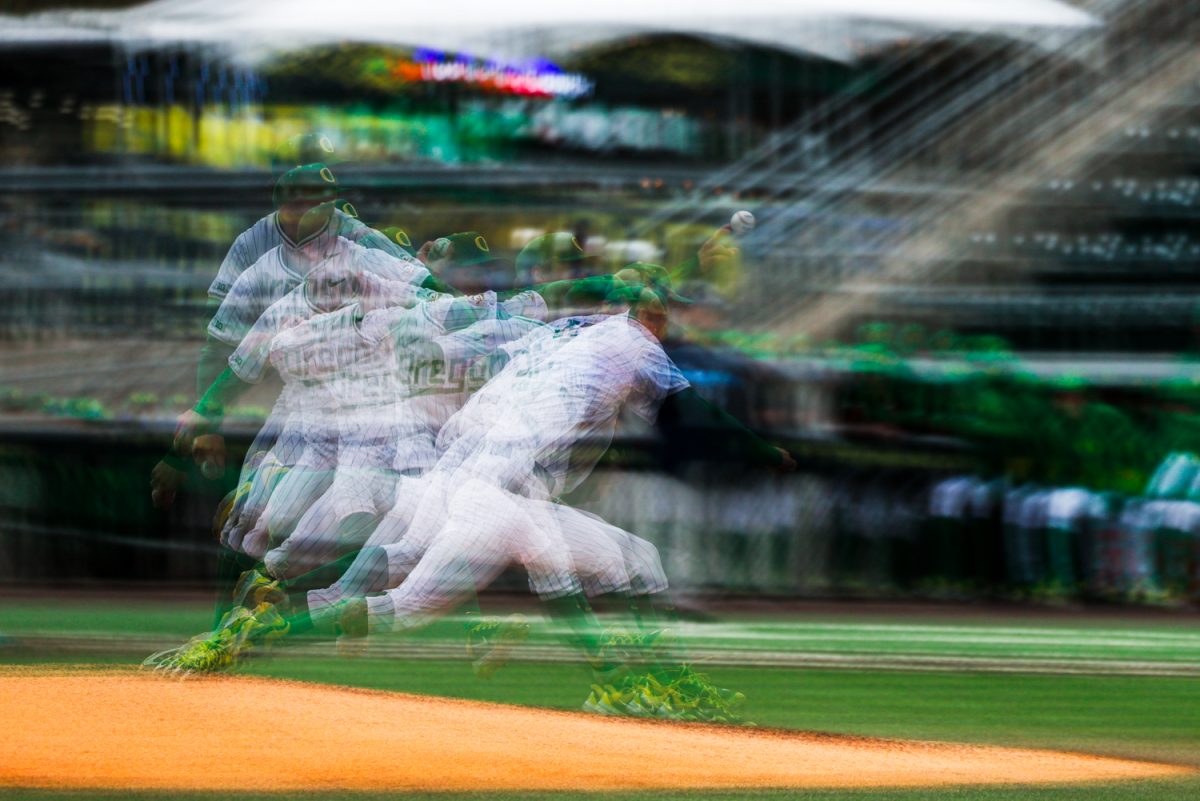 Multiple exposure of Collin Clarke (10), The Oregon Ducks take on the Rhode Island Rams on Febuary 22nd at PK Park in Eugene, Ore. (Darby Winter/Emerald)