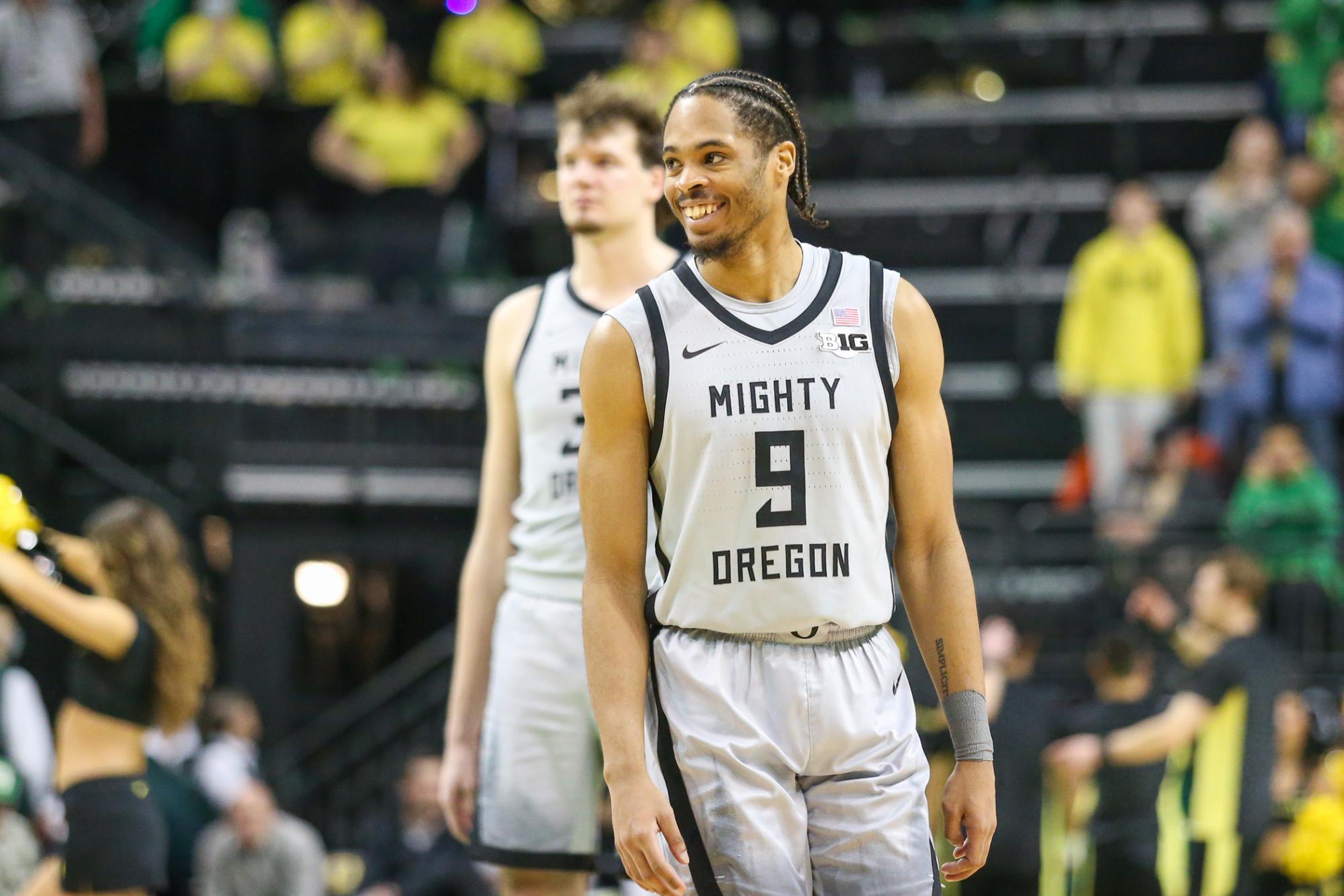 Keeshawn Barthelemy (3) smiles during a timeout. Oregon Men’s Basketball takes on Northwestern in Eugene, Ore. on Feb. 11, 2025