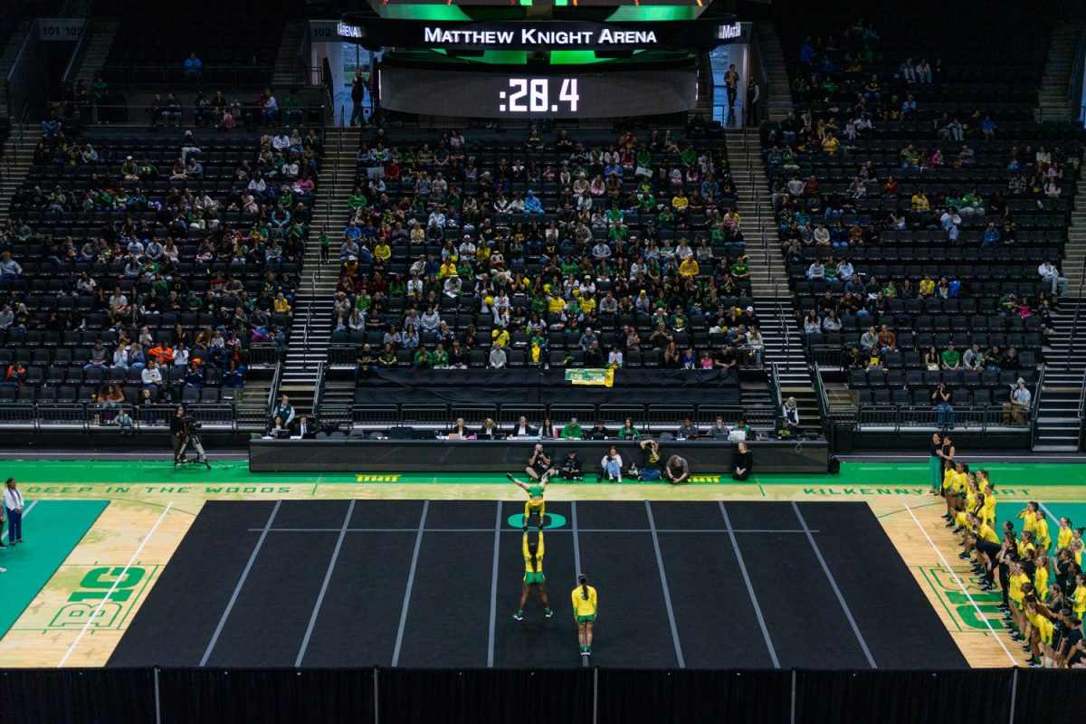 View of Matthew Knight Arena duing the Oregon routine. The University of Oregon Ducks Women’s Acrobatics and Tumbling team in a home match against Morgan State at Matthew Knight Arena in Eugene, Ore., on Feb. 15, 2025. (Rowan Campbell/Emerald).