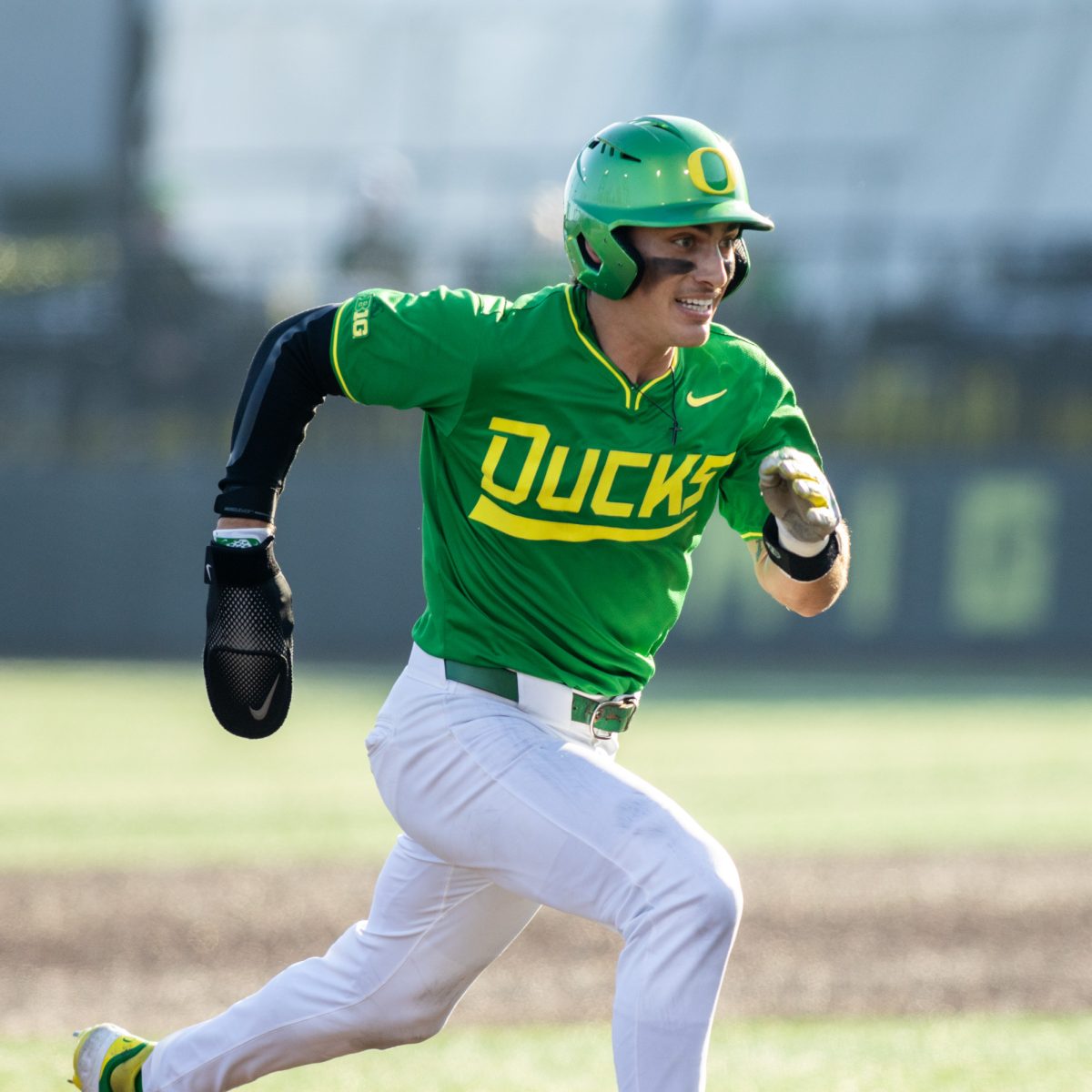 Anson Aroz (77) sprints to third base during their game against Columbia, Feb. 28, 2025, at PK Park in Eugene, Ore.