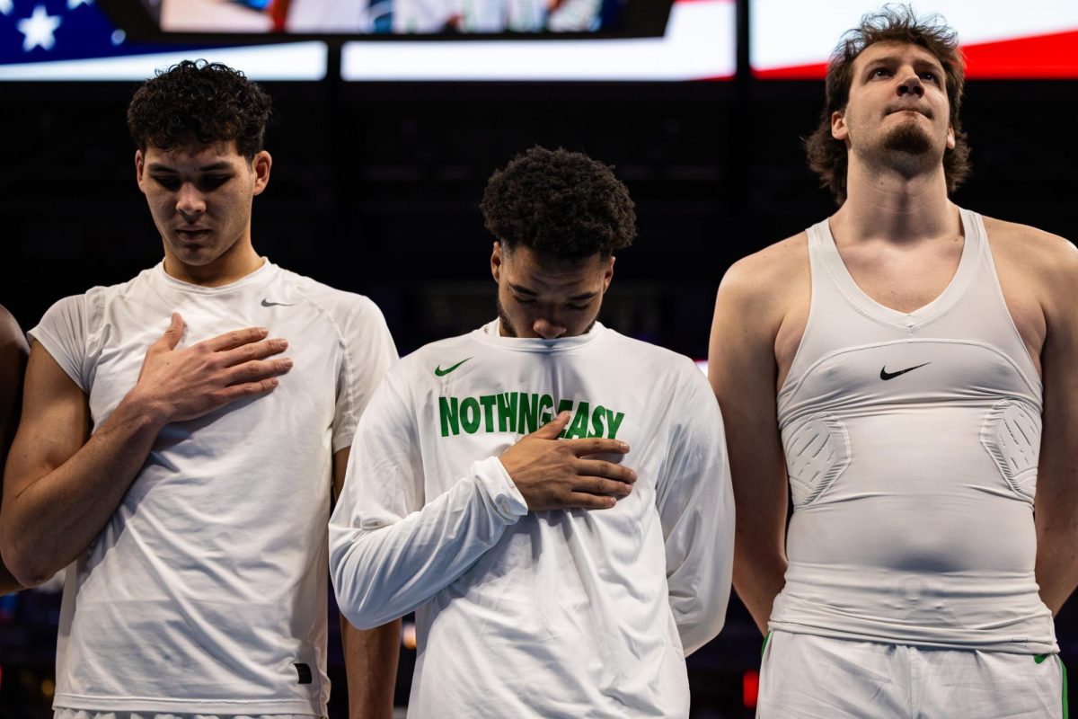 The national anthem is played in Gainbridge Fieldhouse as the arena begins to fill with red as the home state crowd lets their presence be known to the visiting Oregon Ducks. The Oregon Ducks take on the Indiana Hoosiers in the second round of the Big Ten Tournament at Gainbridge Fieldhouse in Indianapolis, IN, on March 13, 2025. (Jonathan Suni/Emerald)