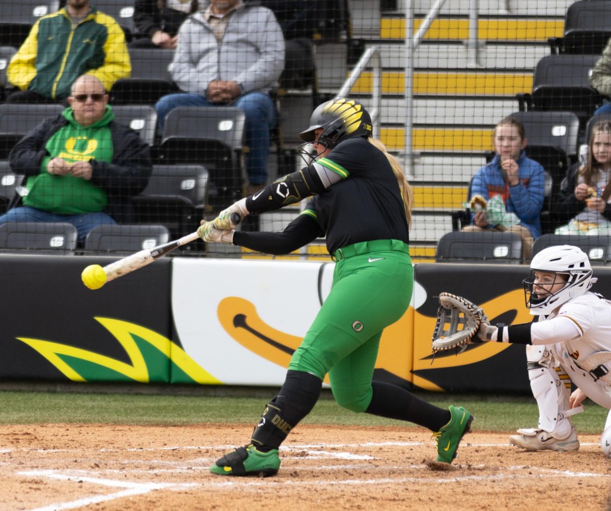 The University of Oregon Ducks defeated the Loyola Chicago Ramblers on March 2, 2025, at Jane Sanders Stadium (Miles Cull/Emerald)