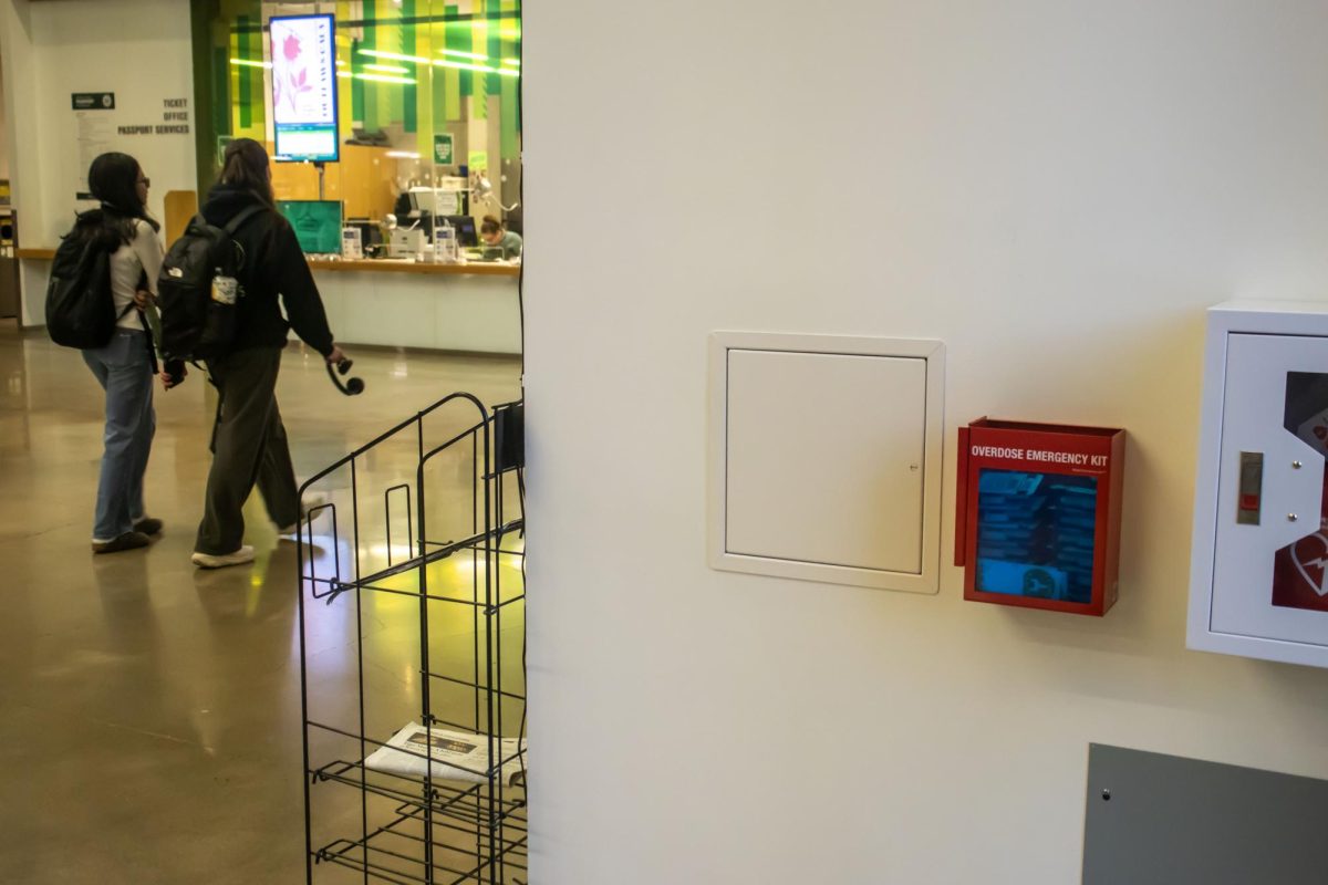 New Narcan dispenser located on the University of Oregon campus in the Erb Memorial Union  on the ground level floor near the Guest Services Desk. (Alyssa Garcia/Emerald)