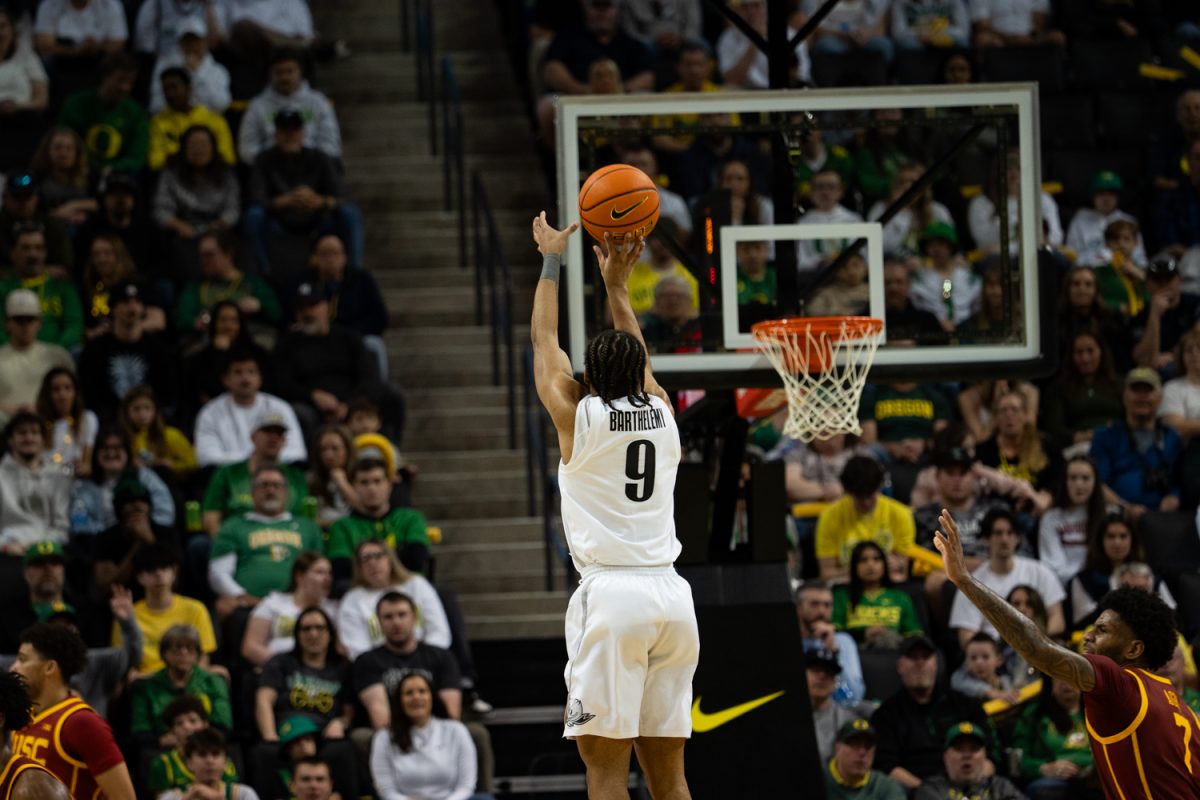 Ducks guard Keeshawn Barthelemy (9), shoots a jump shot. Oregon men's basketball take on the University of Southern California Trojans at Matthew Knight Arena in Eugene, Ore. on Mar. 1, 2025 (Saj Sundaram/Emerald)