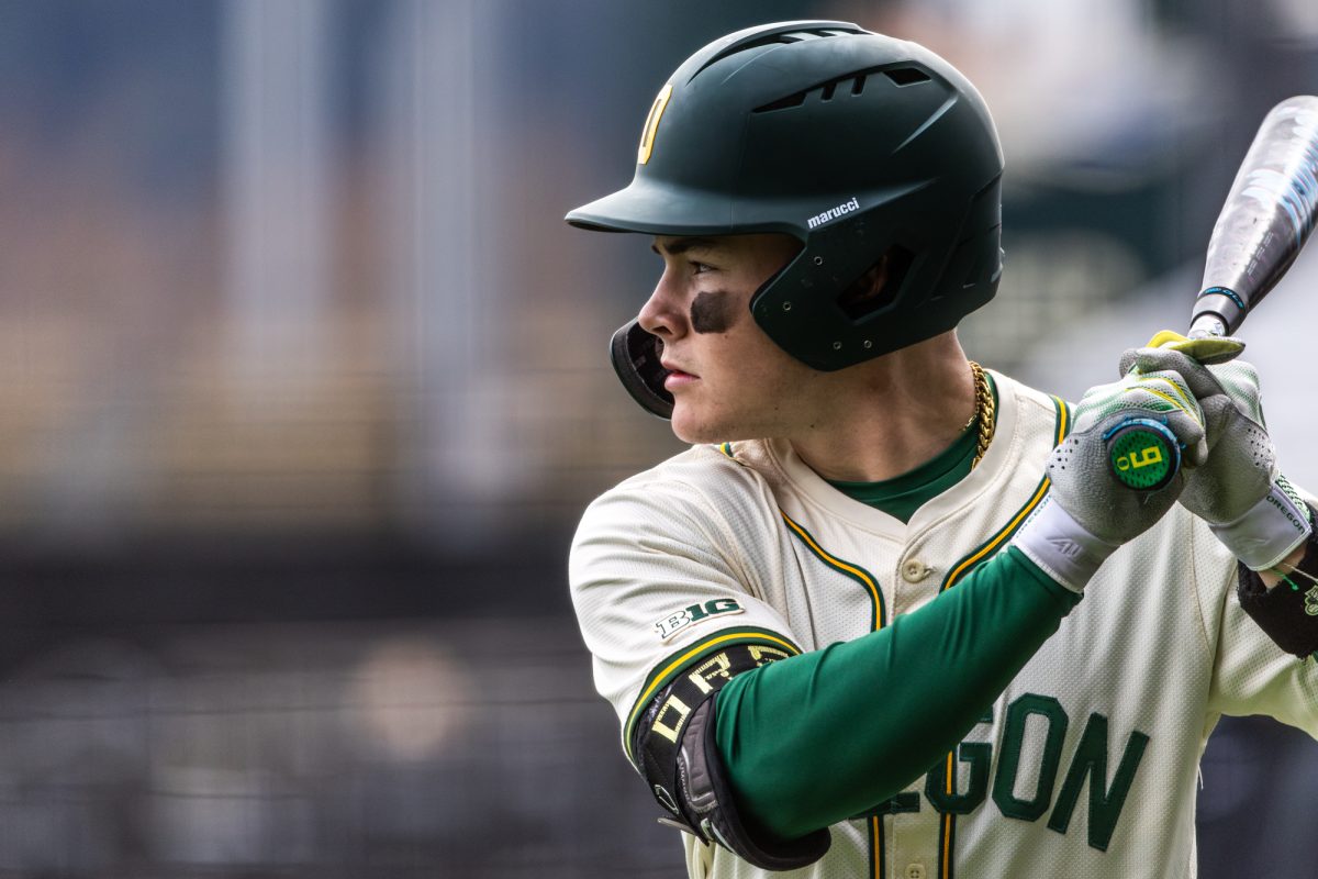 University of Oregon utility player Jack Brooks (6) locks in at the plate, ready for his next at-bat. The University of Oregon baseball team defeated Columbia University 7-0 on Mar. 2, 2025 at PK Park in Eugene, Ore. (Max Unkrich / Emerald)