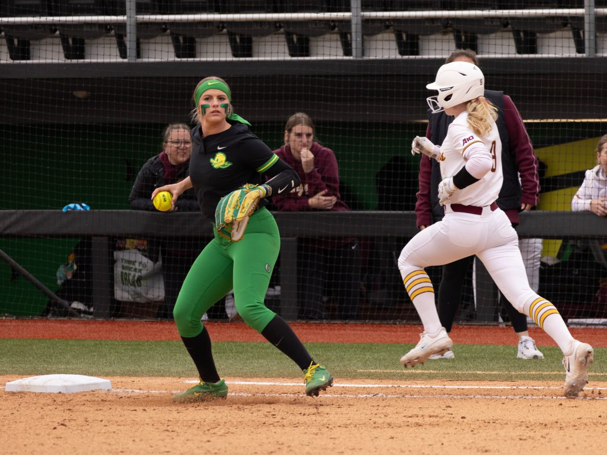 The University of Oregon Ducks defeated the Loyola Chicago Ramblers 9-1 on March 2, 2025, at Jane Sanders Stadium. The Ducks Will next play the Flordia State Seminoles on March 8. (Miles Cull/Emerald)