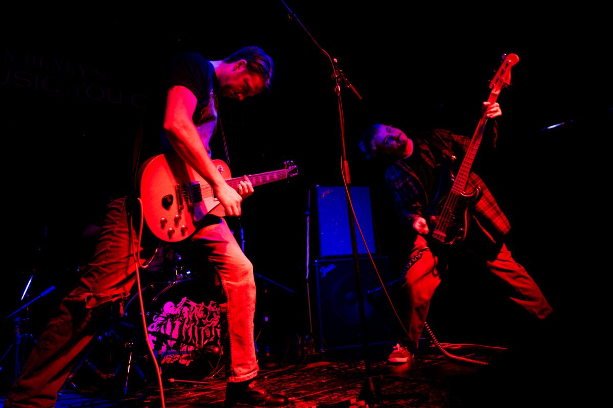 Bassist Martin King, drummer Evan Curby, and guitarist/vocalist Stephen Leveckis of Milton perform during Metal Mondays at John Henry’s in Eugene, Ore., on Monday, March 10, 2025. The weekly event features local and touring metal bands. (Max Unkrich / Emerald)