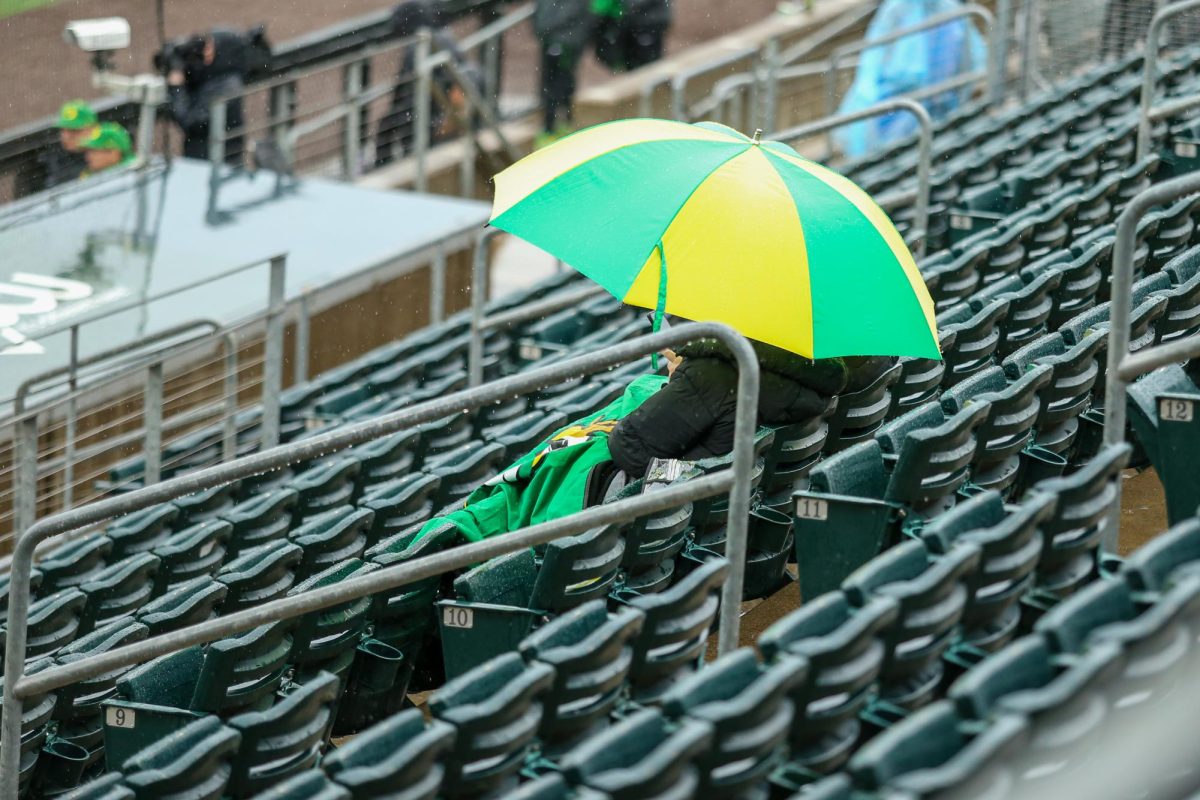 Duck fans weather the rainy day at PK Park. Oregon Baseball faces Grand Canyon in Eugene, Ore. on Mar. 12, 2025.