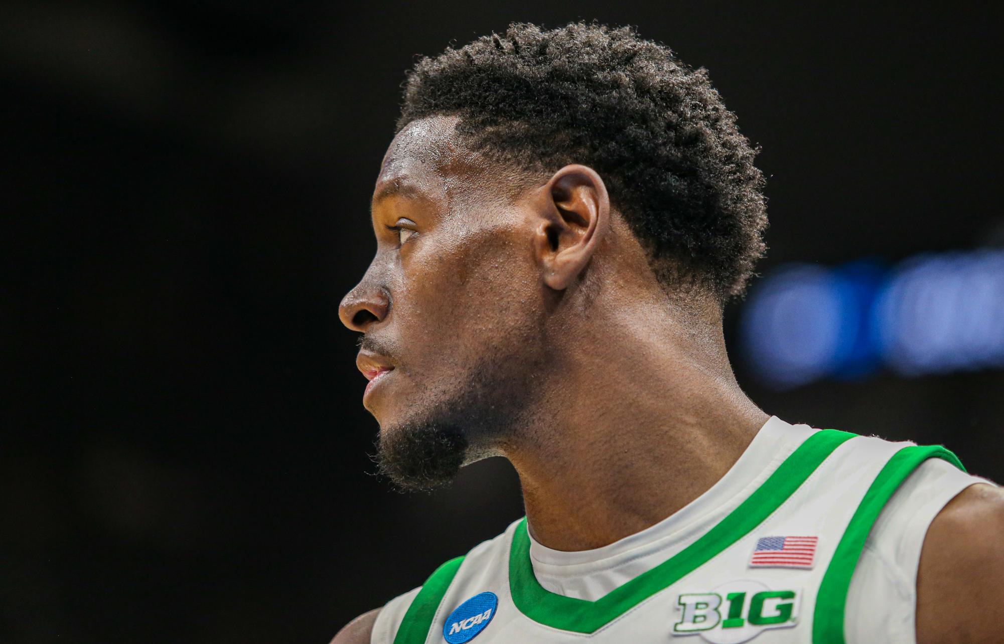 TJ Bamba looks on after being subbed out of the game. Oregon Basketball takes on Liberty in the first round of the NCAA Tournament in Seattle, Wa. on Mar 21, 2025.