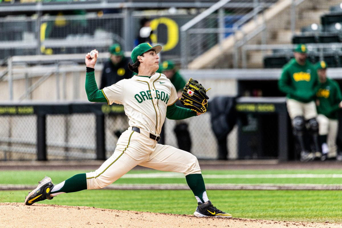 University of Oregon Ducks pitcher Will Sanford (28) winds up a pitch before sending it towards home plate. The University of Oregon played Colombia College on Mar. 2, 2025 at PK Park in Eugene, Ore. (Max Unkrich / Emerald)