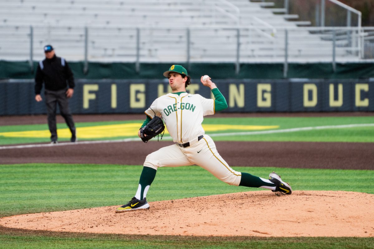 Grayson Grinsell (2) pitches the ball mid game. The University of Oregon Ducks Mens Baseball team in a home match against the Minnesota Gophers at PK Park in Eugene, Ore., on Mar. 14, 2025. (Rowan Campbell/Emerald).