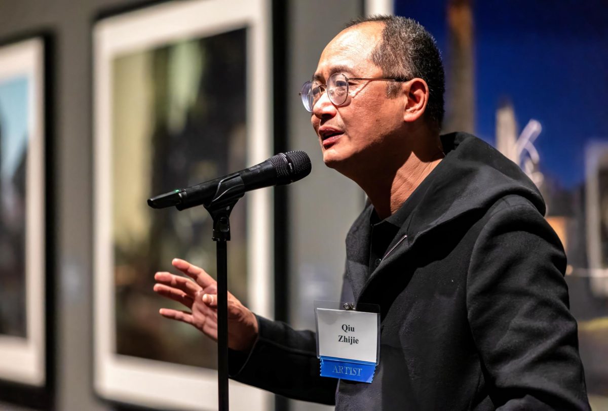 Artist Qiu Zhijie speaks on Feb. 2 in the Barker gallery at the Jordan Schnitzer Museum of Art. Photo Courtesy: Brian Davies