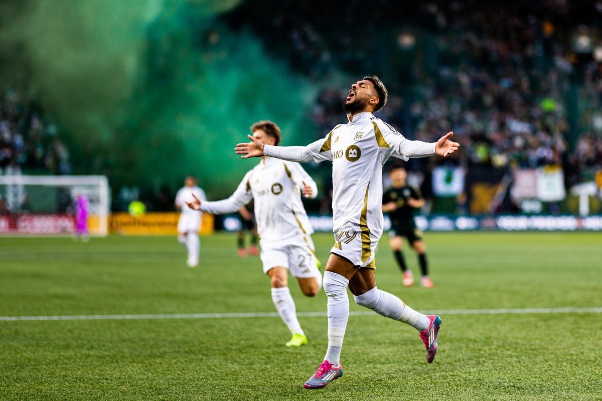 Coming off a high scoring season, Denis Bouanga (99), looks to keep stacking on to the score sheet but is halted early with an offsides call. The Portland Timbers Football Club hosts the Los Angeles Football Club at Providence Park in Portland, Ore., on April. 19, 2025. (Jonathan Suni/Emerald)