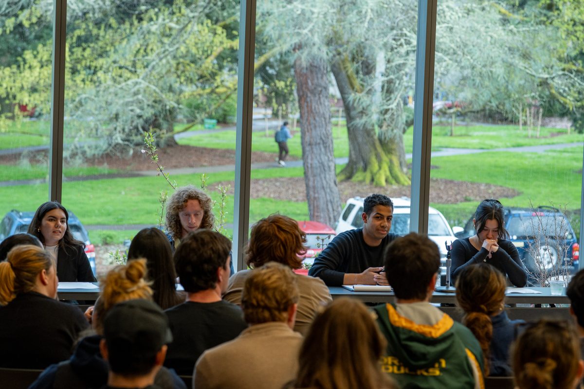The ASUO Spring Elections President and VP Debate was held on April 8th, 2025 in the Crater Lake South room in the EMU at the University of Oregon. The debate was between the Unite UO slate and the UO Student Power slate. Taliek Lopez-DuBoff is the presidental candidate with Madisen Kunkler as the VP candidate for Unite UO, and Prissila Moreo is the presidental candidate with Jordan Ackemann as the VP Candidate. (Saj Sundaram/Emerald)