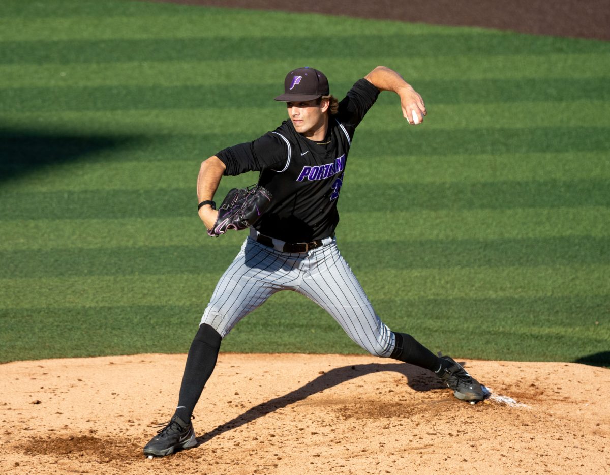 Portland pitcher Logan Anderson (21)  pitches the ball. Oregon Baseball matched up against Portland April 22, 2025, at PK Park in Eugene, Ore.