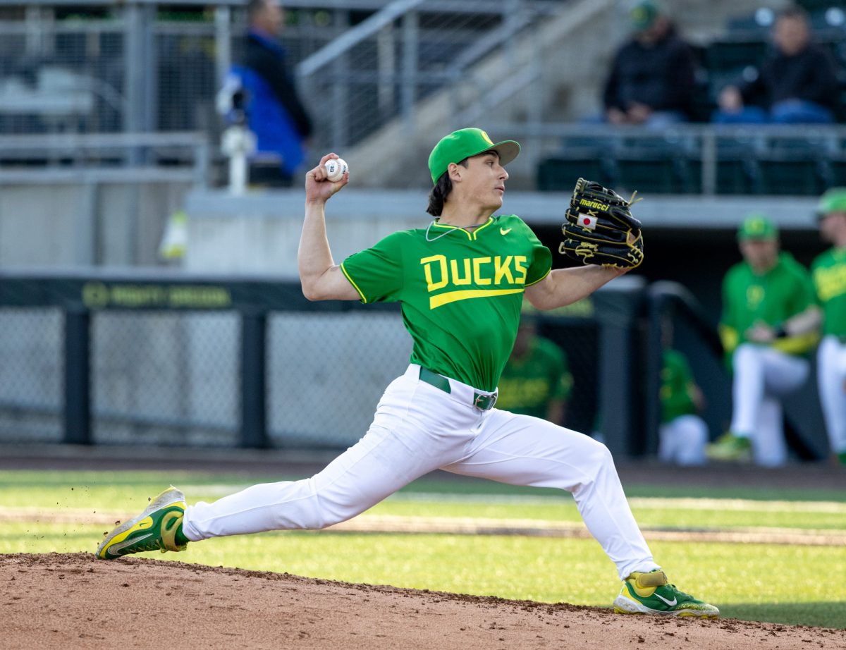 Oregon Duck Will Sanford (28) pitches the ball. Oregon Baseball matched up against Portland April 22, 2025, at PK Park in Eugene, Ore. 