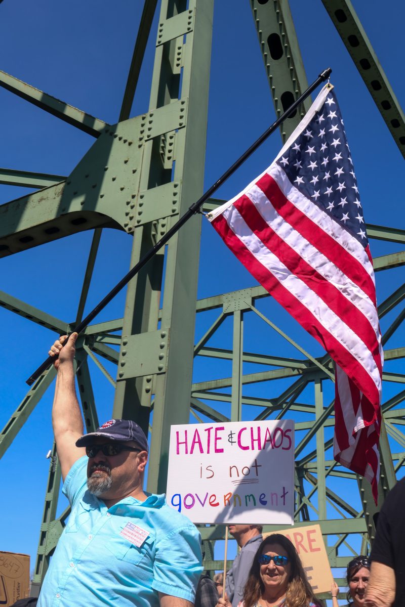 “Hands Off” protest held against President Trump and Elon Musk in Eugene, on April 5, 2025.  (Anna Liv Myklebust / Daily Emerald)
