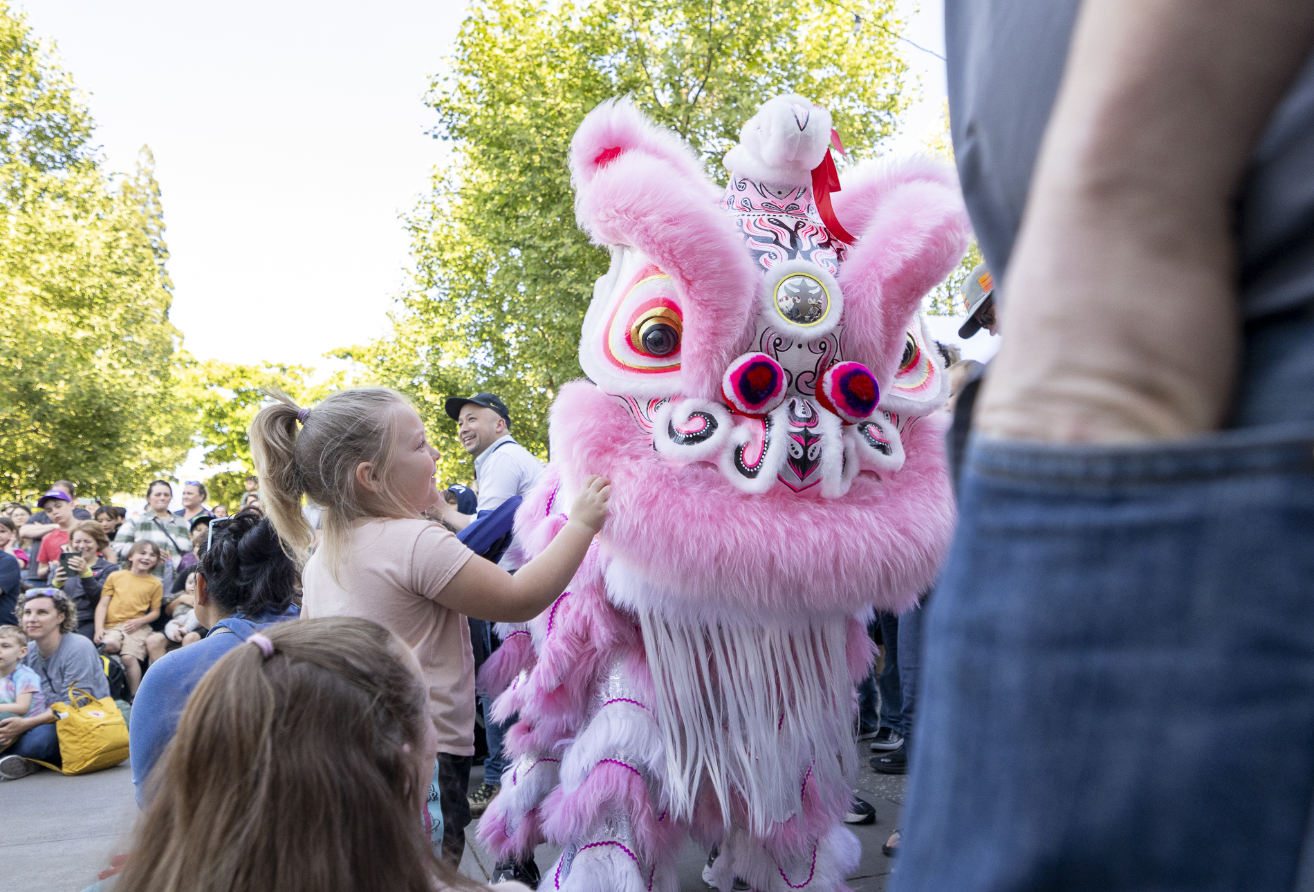 A child pets the 'lion' during a performance by Phi Long Lion Dance group at the fourth Annual Asian Night Market on May 23, 2025. The lion dance is a form of traditional dance believed to bring good luck, and is typically performed at significant religious, cultural or traditional events. (Alex Hernandez/Emerald)