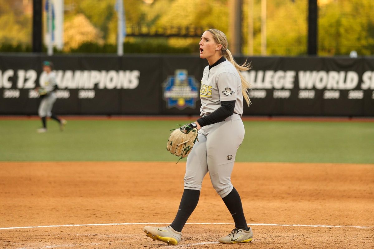 Lyndsey Grein talks to a Weber State batter after throwing a strike. Oregon Softball takes on Weber State in the NCAA Softball Regionals in Eugene, Ore. on May 17, 2025.