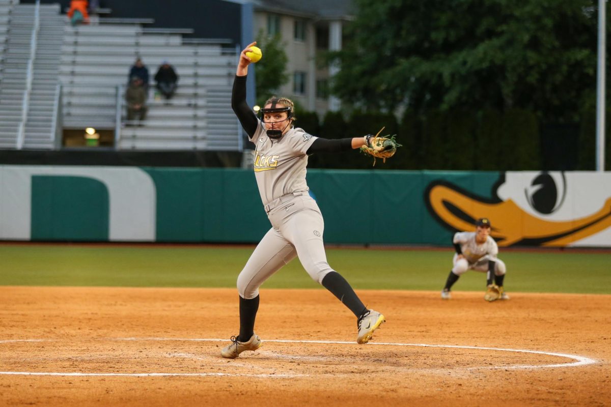 Elsie Sokolsky winds up to throw a pitch. Oregon Softball takes on Weber State in the NCAA Softball Regionals in Eugene, Ore. on May 17, 2025.