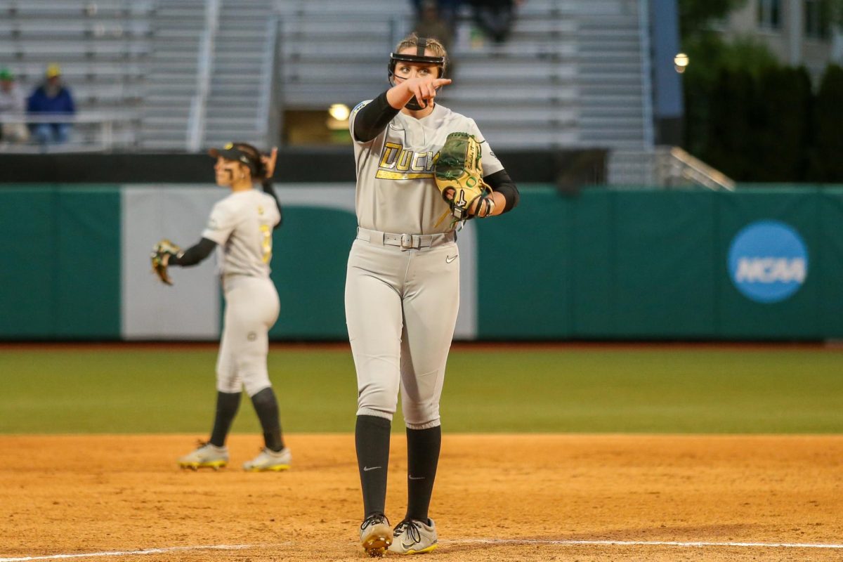 Elise Sokolsky points after a strikeout. Oregon Softball takes on Weber State in the NCAA Softball Regionals in Eugene, Ore. on May 17, 2025.