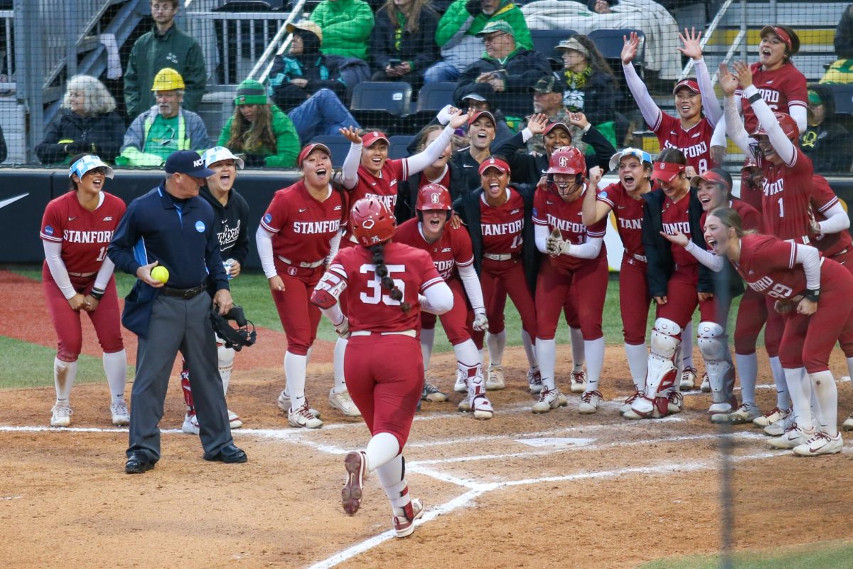 Jose Economides (35) celebrates her second home run of the evening. Oregon Softball takes on Stanford to advance to the Super Regionals in Eugene, Ore. on May 18, 2025.