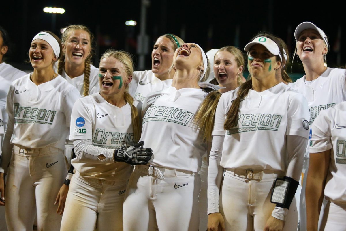 Oregon gathers at home plate to celebrate with the fans at Jane Sanders Stadium. Oregon Softball takes on Stanford to advance to the Super Regionals in Eugene, Ore. on May 18, 2025.