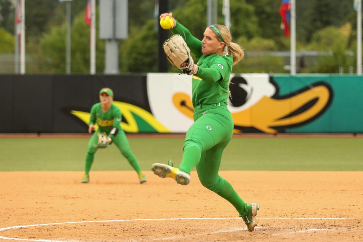 Lyndsey Grein winds up to pitch. Oregon Softball takes on Weber State in the NCAA Softball Regionals in Eugene, Ore. on May 16, 2025.