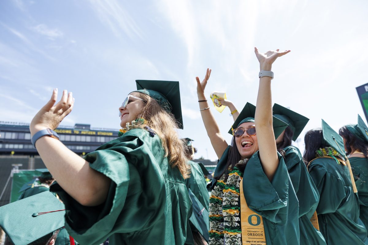 Students and families celebrate on June 16, 2025. The University Commencement Ceremony took place at Autzen Stadium, featuring administration and student speakers, a commencement speech by Jana Schmieding—a Native American comedian and actress—and the conferral of degrees to graduating students. (Alex Hernandez/Emerald)
