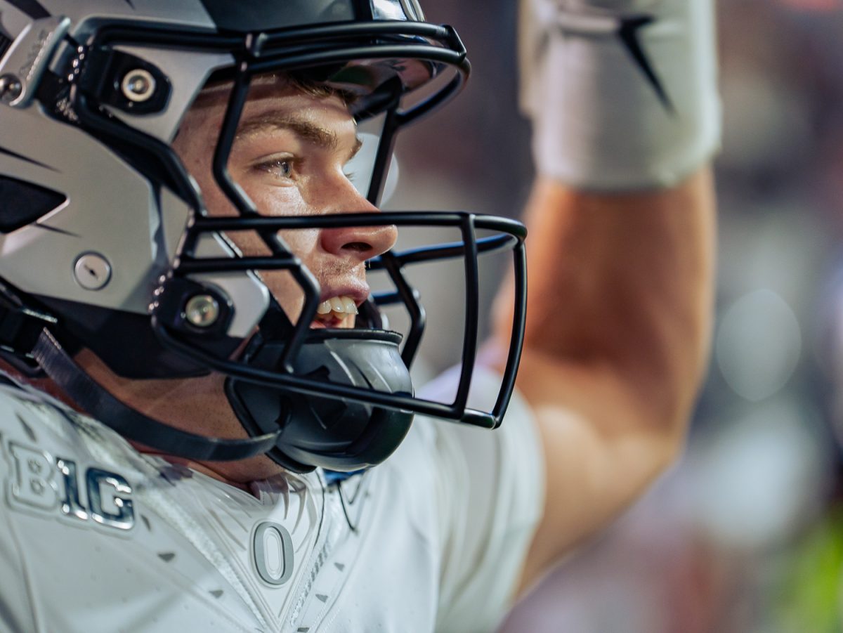 Oregon Ducks offensive lineman Alex Harkey (71) smiles big at the crowd after winning the game. On September 27, 2025 the University of Oregon Ducks played the Penn State University Nittany Lions at Beaver Stadium in State College, Pa. (Saj Sundaram/Emerald)
