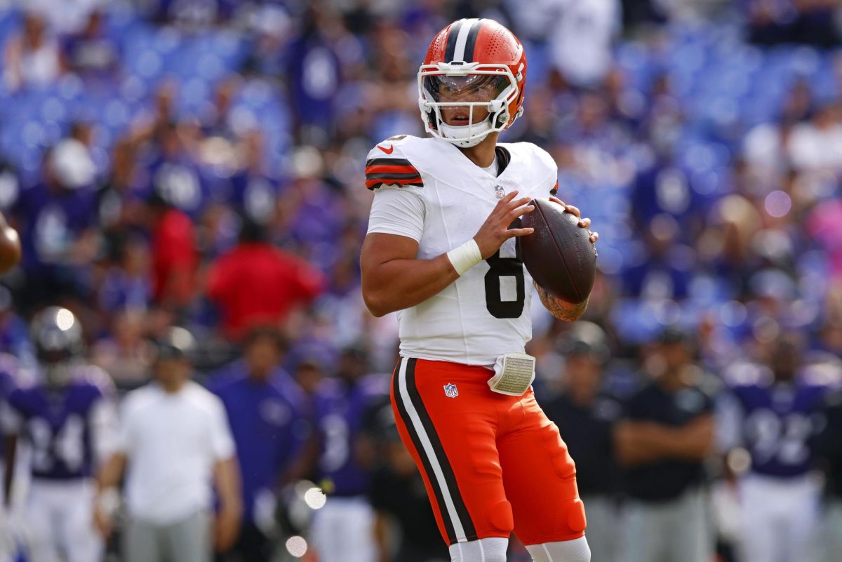 Sep 14, 2025; Baltimore, Maryland, USA; Cleveland Browns quarterback Dillon Gabriel (8) drops back to pass during the second half against the Baltimore Ravens at M&T Bank Stadium. Mandatory Credit: Peter Casey-Imagn Images