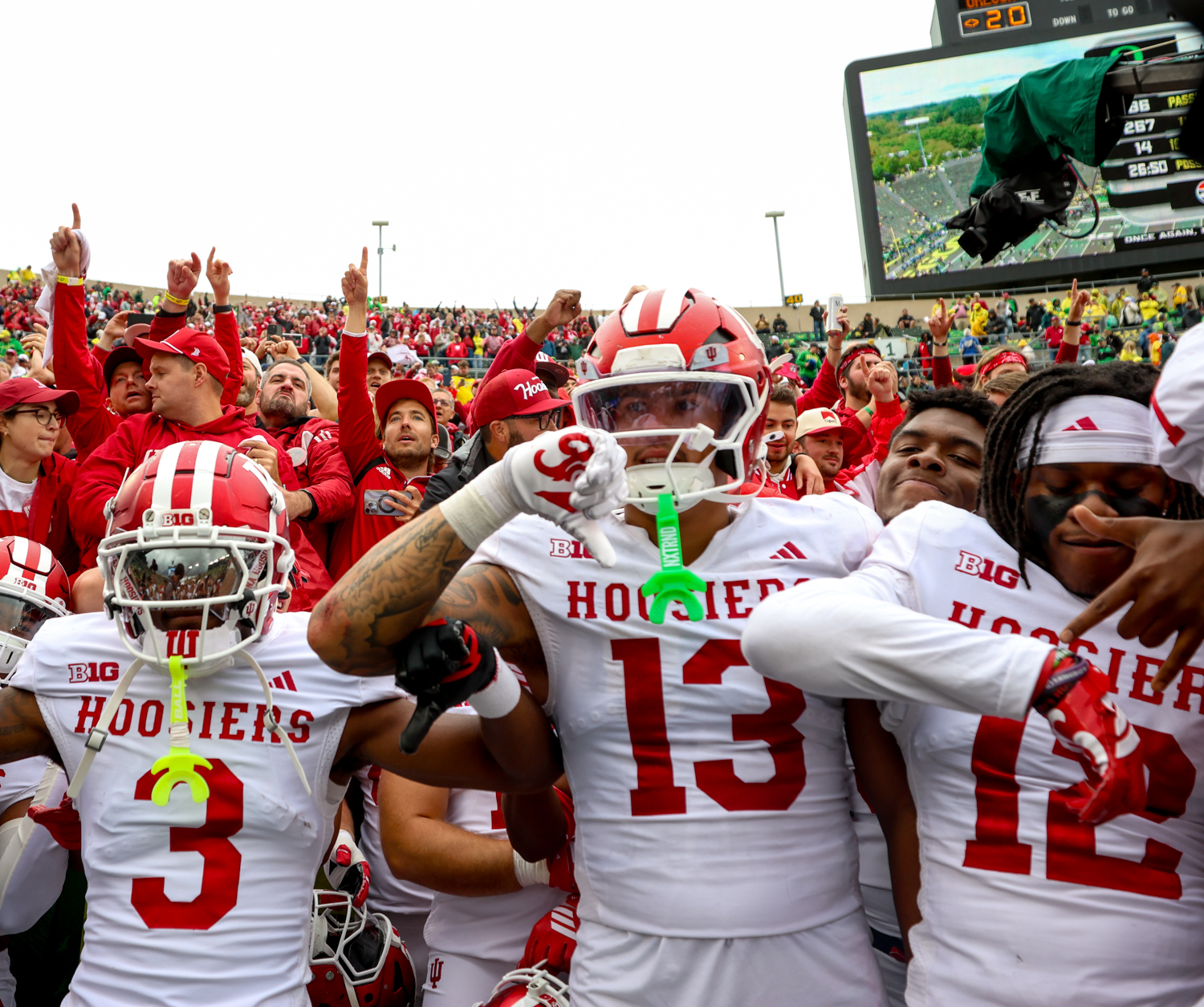The Indiana Hoosiers football players stand with their fans after beating the Oregon Ducks 30-20. On October 11, 2025 the University of Oregon Ducks played the Indiana University Hoosiers at Autzen Stadium in Eugene, Ore. (Anna Liv Myklebust / Emerald)