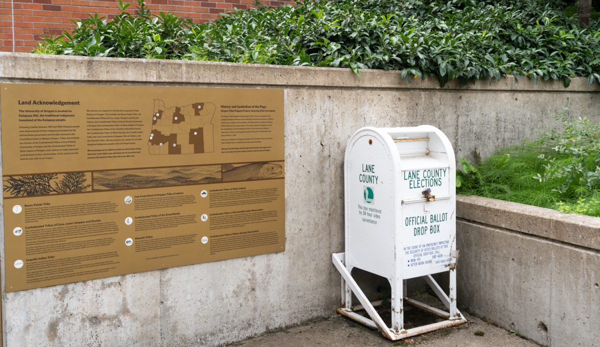 A ballot drop off box is placed outside of The Holden Center next to the EMU on the University of Oregon campus in Eugene, Ore. on Oct. 10, 2025.(Katie Poluyansky/Emerald)