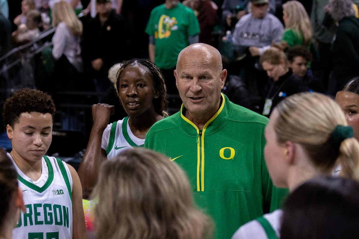 Oregon head coach Kelly Graves talks to the team after the win. On November 16, 2025, the Oregon Ducks played the Army Black Knights at Matthew Knight Arena, at University of Oregon, based in Eugene, Ore. (Fred Hall/Emerald)